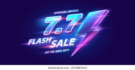 7.7 descuento flash venta sobre fondo azul. Ilustración vectorial para el día de compras, compras en línea, Cupón de oferta especial, cupón, Plantilla de Anuncio, Sitios web, publicidad en redes sociales.