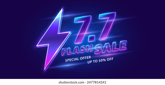 7.7 Rabatt Flash Verkauf auf blauem Hintergrund. Vektorillustration zum Einkaufstag, Online-Shopping, Sonderangebot Coupon, Gutschein, Banner Vorlage, Websites, Social Media Werbung.