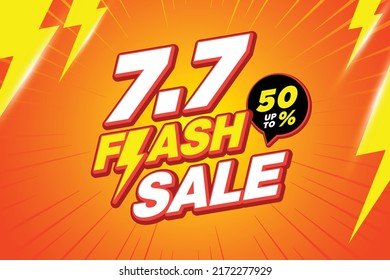 7.7 flash sale thunder poster or banner vector template design. Big sale event on the orange background. Ads for web, social media, shopping online.