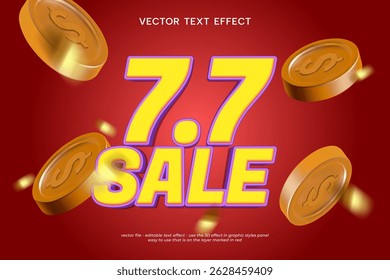 7.7 flash sale vector 3d text effect with floating coin decorations and gold ribbon sprinkles
