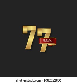 77 Gold anniversary celebration with red ribbon isolated on black background