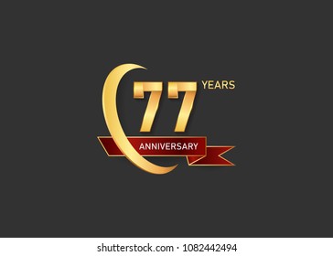 77 golden anniversary design logotype  with gold swoosh ring and red ribbon can be used  for celebration event, isolated on dark background