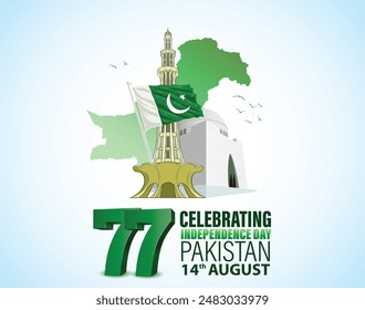 77 happy independence day Pakistan. 3d letter with Pakistani flag. vector illustration design