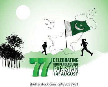 77 happy independence day Pakistan. 3d letter with Pakistani flag. vector illustration design