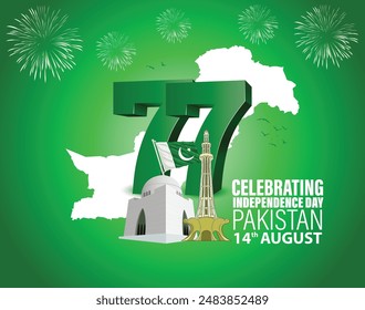 77 happy independence day Pakistan. 3d letter with Pakistani flag. vector illustration design