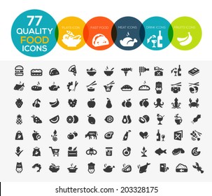 77 Symbole für hochwertige Lebensmittel, darunter Fleisch, Gemüse, Früchte, Meeresfrüchte, Desserts, Getränke, Milchprodukte und mehr