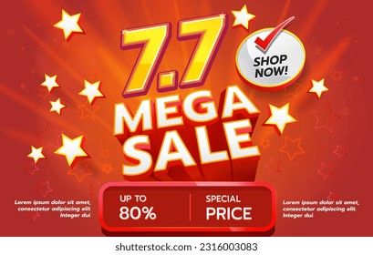 The 7.7 Mega Sale illustration concept is vibrant, energetic, and visually captivating, aiming to convey a sense of excitement and the opportunity for amazing deals and discounts.