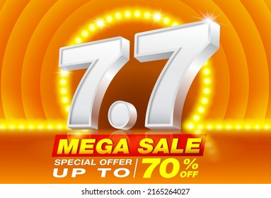 7.7 Mega Sale Poster or Banner template with Number 7 3D text on Spotlight LED orange background. Campaign Special Offer Up To 70%. Design for Ads, social media, Shopping online.