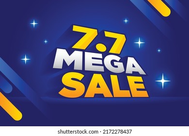 7.7 mega sale poster or midnight sale banner vector template design. Big sale event on the dark blue background. Ads for web, social media, shopping online.