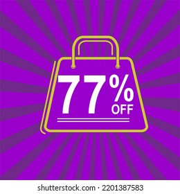 77% off. Purple, white and yellow banner with seventy seven percent discount. Shopping bag concept.