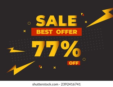 77% off sale best offer. Sale banner with seventy seven  percent of discount, coupon or voucher vector illustration. Yellow and red template for campaign or promotion.