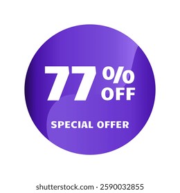 77% off. Seventy seven percent off, Special Offer. Discount sale banner design template. Discount tag. Vector illustration. Purple Design.