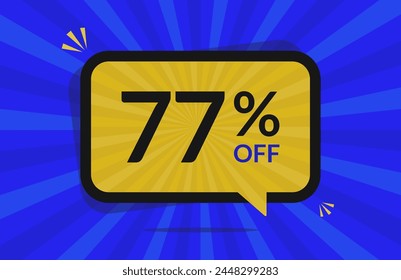 77 percent off. 77% discount. Blue and Yellow banner with floating balloon for promotions and offers.