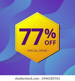 77% Sale and Discount Label. Seventy seven percent Sale Discount label Geometric design. Abstract Blue and Yellow Hexagon. Vector illustration.