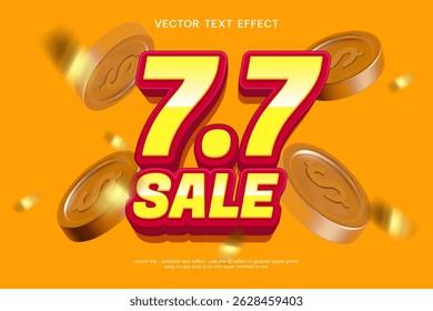 7.7 Efecto de texto 3D de Vector de venta con decoraciones de monedas flotantes y chispas de cinta de oro