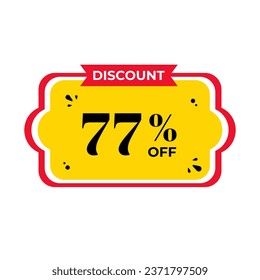 77%, seventy seven percent. Discount banner shape. Sale coupon. Red and yellow tag. Special offer badge. Modern concept design. Tag with offer badge. Vector