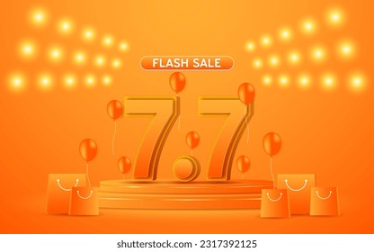 7.7 Shopping Day Flash Sale number 7.7 is on an orange podium. For website or social media promotions and online shopping.
