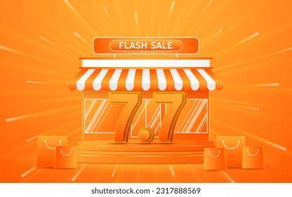 7.7 Shopping Day Flash Sale The number 7.7 is on an orange podium with a shop in the background for website or social media promotion and online shopping.
