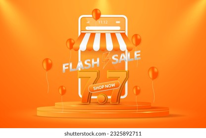 7.7 Shopping Day Flash Sale The number 7.7 is on an orange podium with a smartphone in the background for website or social media promotion and online shopping.
