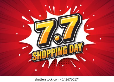 7.7 Shopping day font expression pop art comic speech bubble. Vector illustration