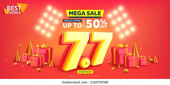 7.7 Shopping day Poster or banner with Number 7 and gift box on red background.7 July Sales banner template design for social media and website.Special Offer Sale 50% Off campaign