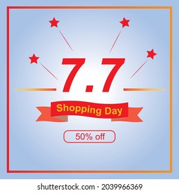 7.7 Shopping day sale poster or flyer design. Global shopping world day Sale on blue sky background, red ribbon and stars. 7.7 Crazy sales online vector
