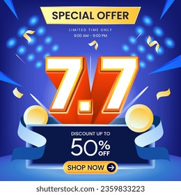 7.7 special offer banner with blue background, coin and ribbon. Use for social media and website. Discount up to 50% Off. Sale campaign or promotion.