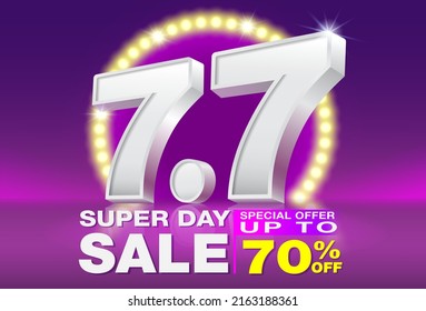 7.7 super day sale poster or banner template design. Big sale event on the stage of the spotlight LED and neon lightning. Ads for web, social media, shopping online.
