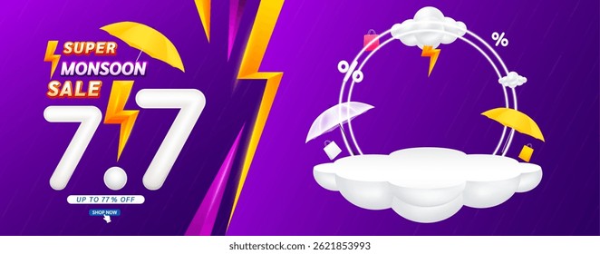 7.7 Super monsoon sale 77 percent. Yellow thunder on clouds. Shopping under umbrella in rain with special offer sale campaign promotion. For social media ads with blank product podium scene. Vector.