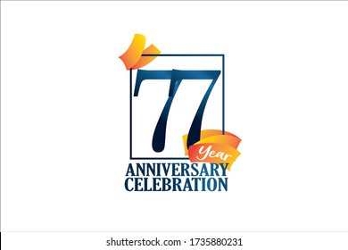 77 Year Anniversary Blue Color with Block Frame and Orange Yellow Ribbon - Vector
