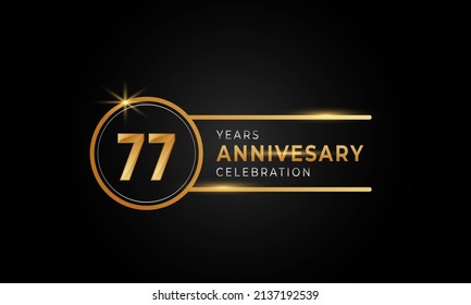 77 Year Anniversary Celebration Golden and Silver Color with Circle Ring for Celebration Event, Wedding, Greeting card, and Invitation Isolated on Black Background