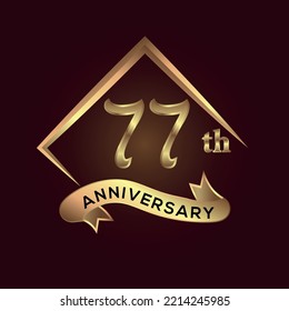 77 year anniversary celebration. Anniversary logo with square and elegance golden colour isolated on red background, vector design for celebration, invitation card, and greeting card