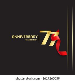 77 year anniversary logo template on black background. golden numbers with red ribbon vector