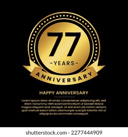 77 years anniversary banner with luxurious golden circles and halftone on a black background and replaceable text speech