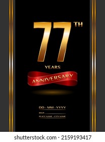 77 years anniversary celebration logotype with elegant gold color and ribbon for booklet, leaflet, magazine, brochure poster, banner, web, invitation or greeting card. Vector illustrations.
