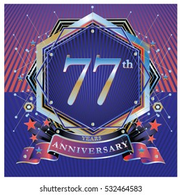 77 years anniversary colorful logo celebration with ring and ribbon. Symbol and template for greeting card