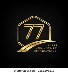 77 years anniversary. Lined gold hexagon and curving anniversary template.
