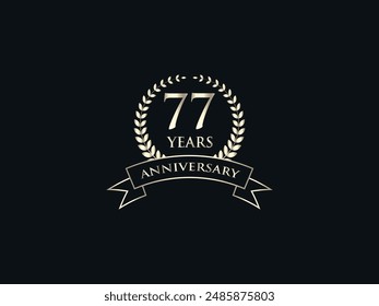 77 Years Anniversary Logo. Celebrating Success. Symbol of Eternal Achievement. Proud Heritage. Logo with Laurel Wreath and Ribbon. Years of Glorious Memories. Jubilee of Joy. Golden Celebratory Crest.