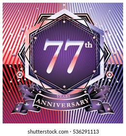 77 years anniversary logo celebration with ring and ribbon. Symbol and template for greeting card