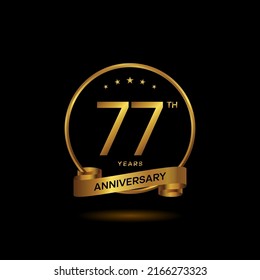 77 years anniversary logo with golden ring and ribbon for booklet, leaflet, magazine, brochure poster, banner, web, invitation or greeting card. Vector illustrations.