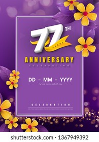 77 years anniversary logo template on golden flower and purple background. 77th celebrating white numbers with gold ribbon vector and bokeh design elements, anniversary invitation template card design
