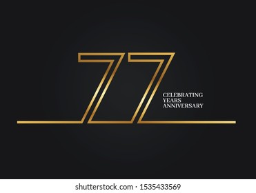 77 Years Anniversary logotype with golden colored font numbers made of one connected line, isolated on black background for company celebration event, birthday