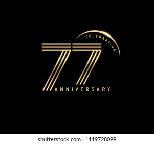 77 years anniversary logotype with swoosh line golden color for celebration. Anniversary logo with ring and elegance golden color isolated on black background