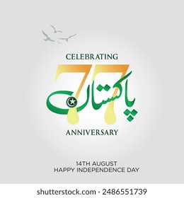 77 años Aniversario del Día de la Independencia de Pakistán, diseño de Vector en oro y texto verde 