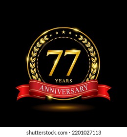 77 Years Anniversary template design, with shiny ring and red ribbon, laurel wreath isolated on black background, logo vector