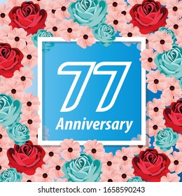77 Years anniversary. Vector design greeting card with decorative floral for celebration