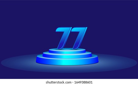77 Jahre alte Vektorillustration Template Design Illustration. Blaue 3D-Zahlen mit Podium-Bühne zum Feiern