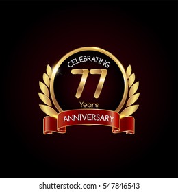 77 years gold anniversary celebration logo with red ribbon , isolated on dark background