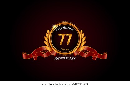 77 years gold anniversary celebration logo with red ribbon , isolated on dark background