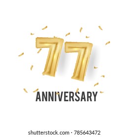  77 Years Golden Aluminum Foil Balloon anniversary logotype with golden confetti isolated on white background